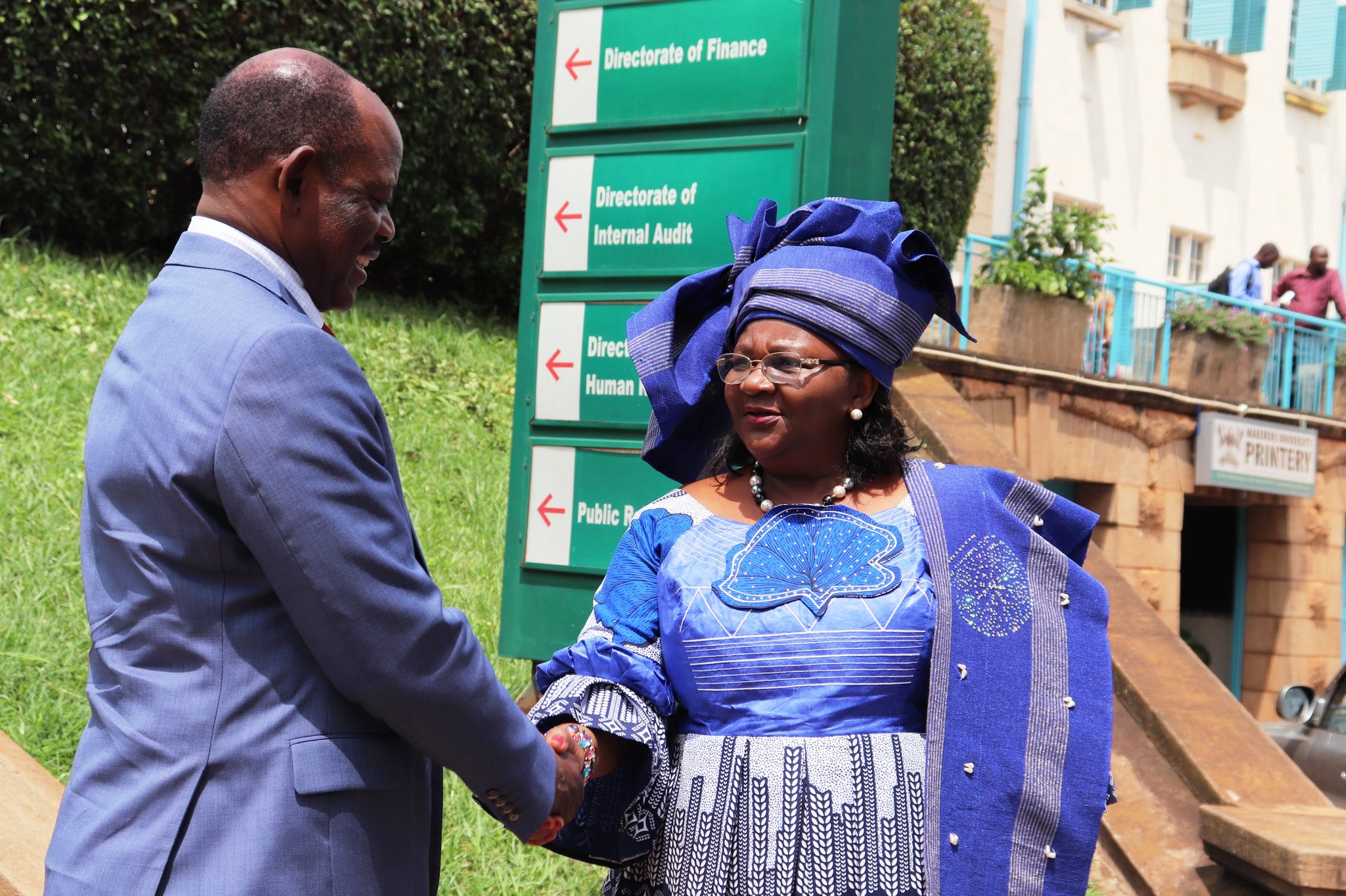 The Vice Chancellor, Prof. Barnabas Nawangwe (L) shakes hands with the Deputy Speaker of the Cameroonian Parliament, Rt. Hon. Emilia Monjowa Lifaka (R) after the courtesy call on 4th March 2019, Main Building, Makerere University.