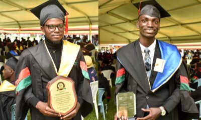 A montage of the Best Sciences Graduand, Mr. Nanseera Peter Clever (L) and Best B.Com Student, Mr. Mpireyenki Aaron (L) posing with their awards on Day 3 of the 71st Graduation Ceremony on 19th May 2021, Freedom Square, Makerere University.