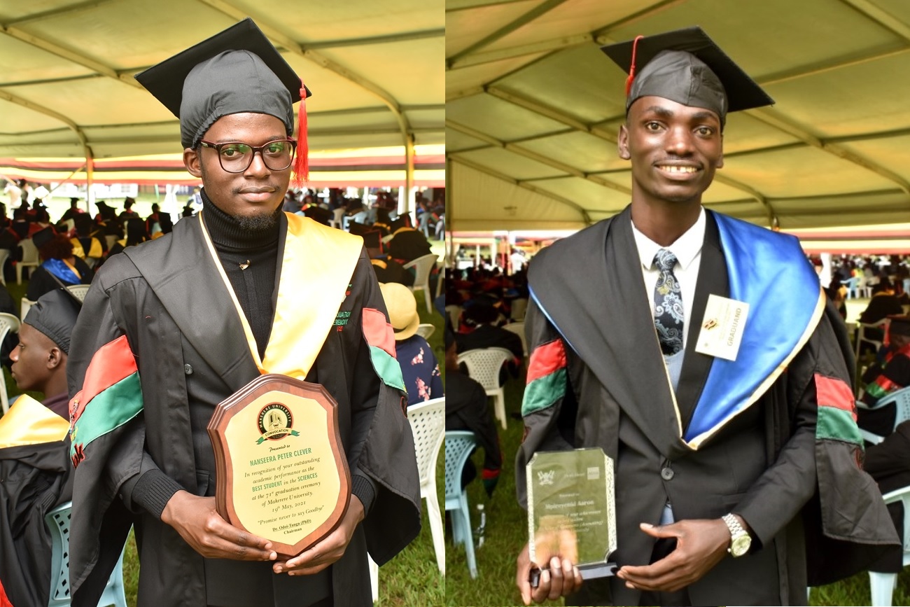 A montage of the Best Sciences Graduand, Mr. Nanseera Peter Clever (L) and Best B.Com Student, Mr. Mpireyenki Aaron (L) posing with their awards on Day 3 of the 71st Graduation Ceremony on 19th May 2021, Freedom Square, Makerere University.