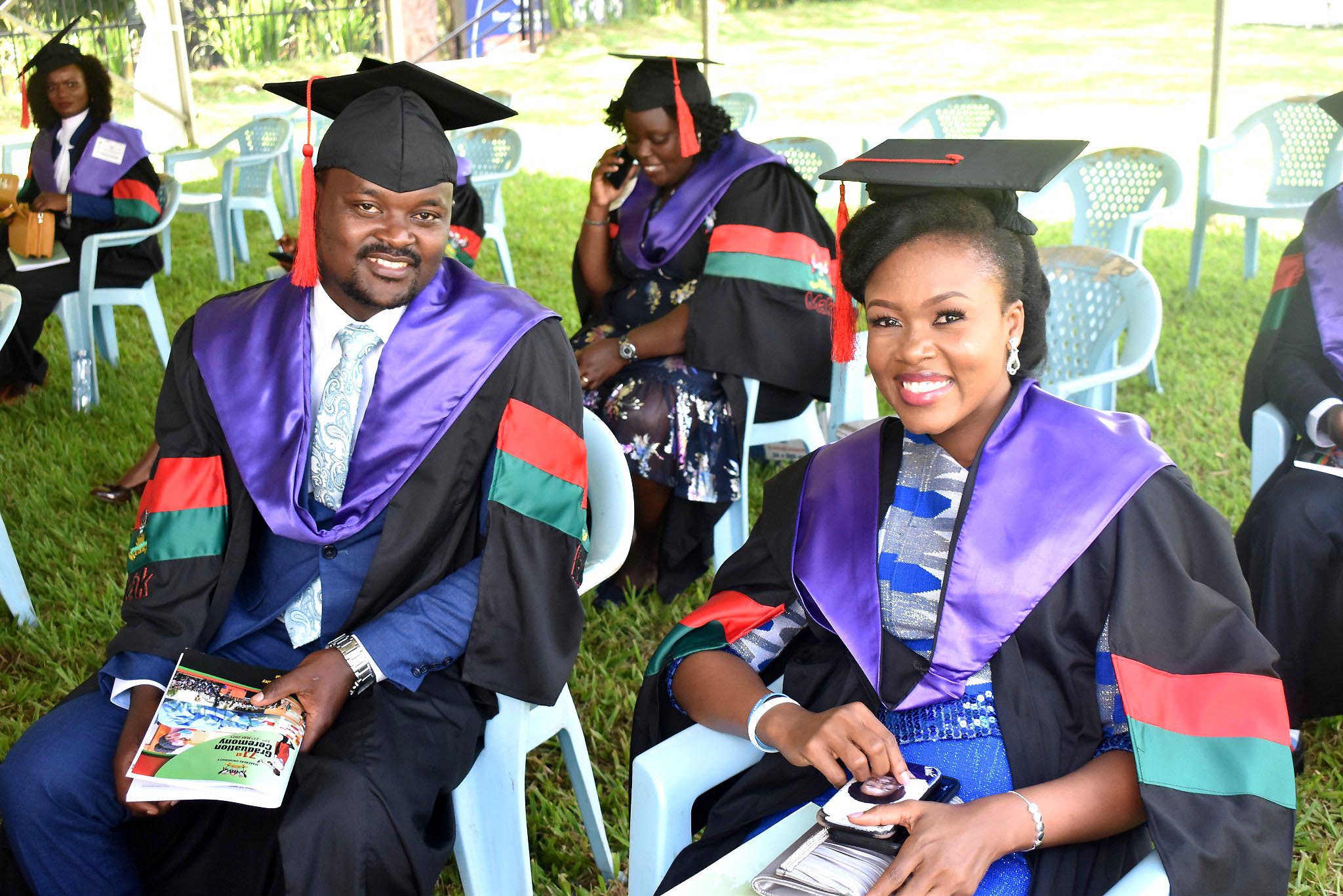 Soroti District Woman MP and Former Mak Guild President, Hon. Anna Ebaju Adeke (R) with fellow Master of Laws Graduands on Day 1 of the 71st Graduation Ceremony, 17th May 2021, Freedom Square, Makerere University.