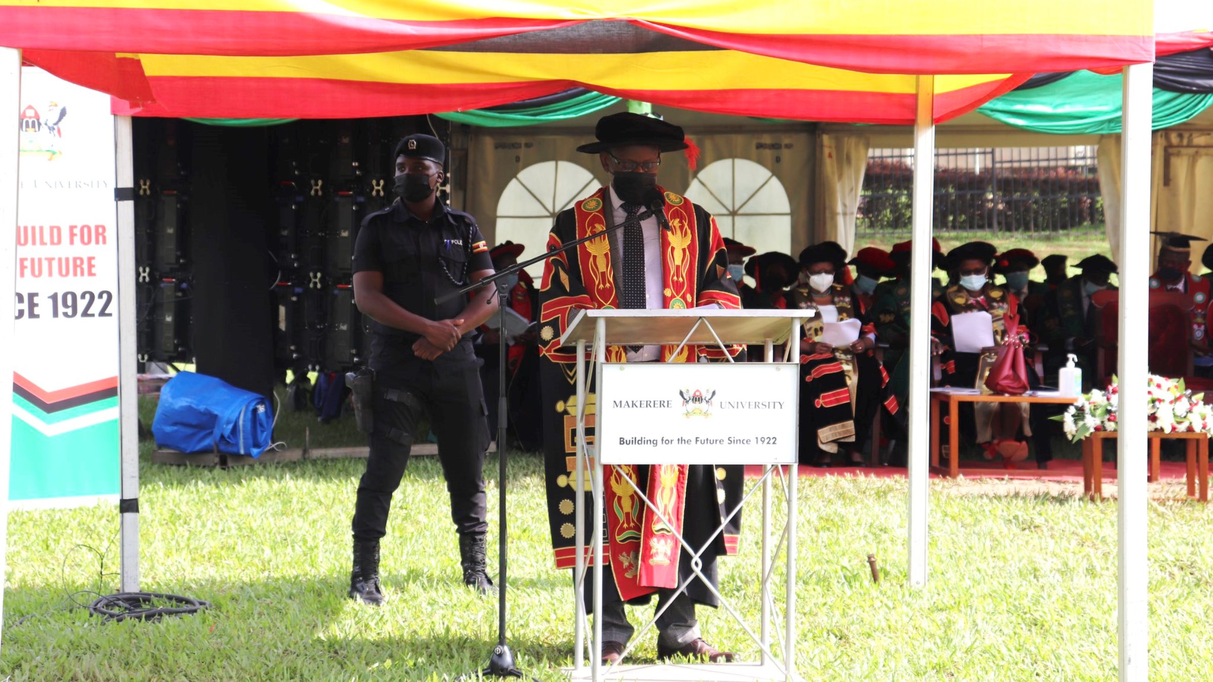 The Vice Chancellor, Prof. Barnabas Nawangwe addresses the congregation on Day 3 of the 71st Graduation Ceremony, 19th May 2021, Freedom Square, Makerere University.