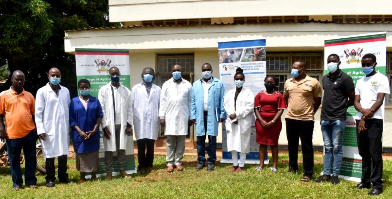 MUARIK Director-Dr. Okello Cyrus Ongom (6th R), Project leader-Dr. Donald Kugonza (6th L), Project Advisor-Prof. Maurice Agaba (5th L) with the research team and students after the launch of the native chicken incubator and pig AI semen lab on 26th May 2021 at MUARIK, CAES, Makerere University.