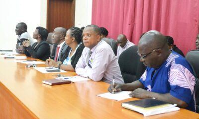 The Principal-Prof. Henry Alinaitwe (3rd L), Deputy Principal-Dr. Venny Nakazibwe (2nd L), with Deans R-L: Dr. Kizito Maria Kasule, Dr. Moses Musinguzi, Dr. Dorothy Kabagaju Okello and Heads of Department at a meeting in the CEDAT Conference Hall, Makerere University.