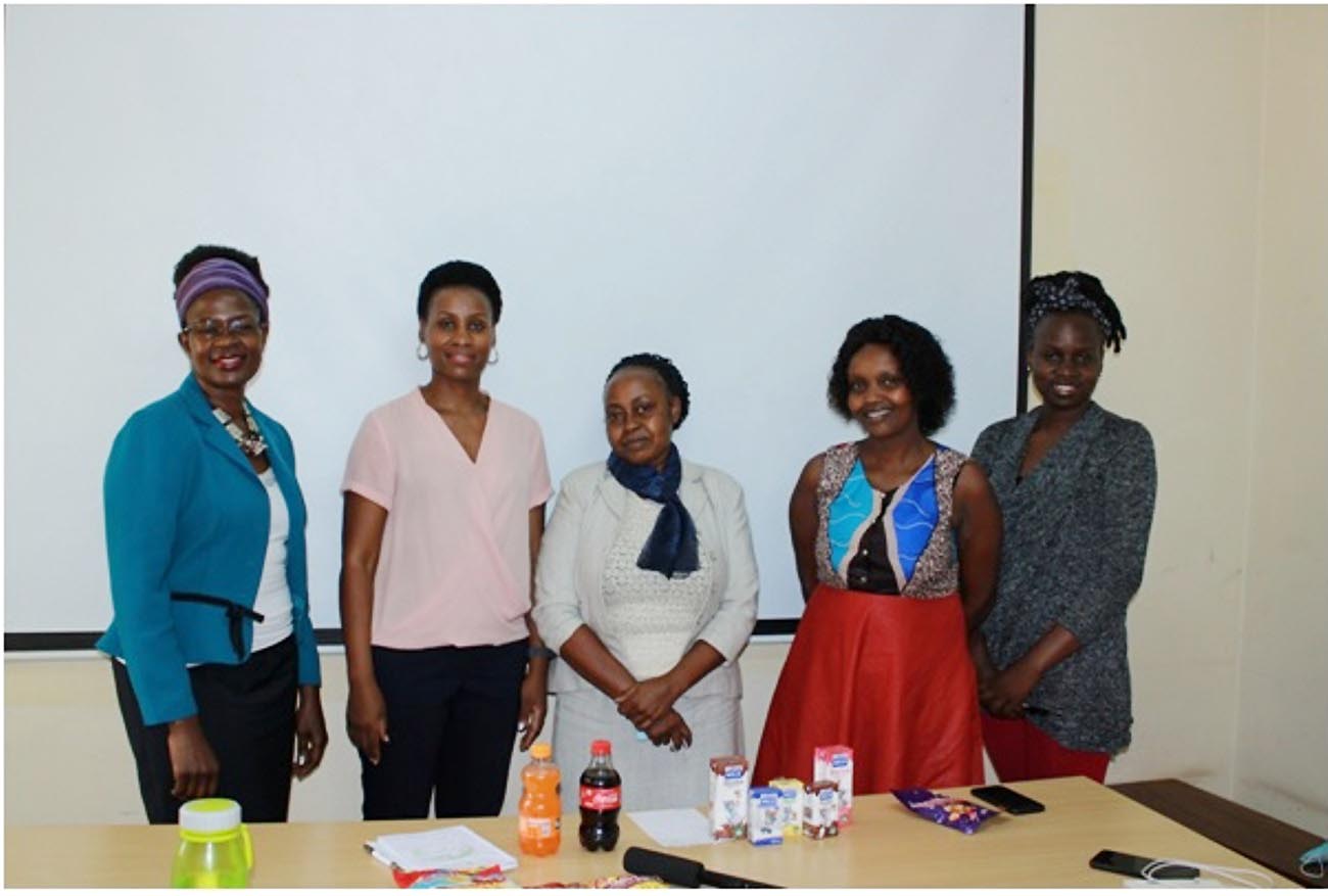 Some members of the FACe-U project team. L-R: Florence Tushemereirwe (Co-PI), Dr. Gloria Seruwagi (PI), Flavia Nakacwa (Administrator), Dr. Priscilla Cheputyo (Research Officer) and Maria Ssematiko (Project Liaison & Compliance Lead)