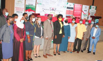 The Minister of ICT and National Guidance-Hon. Judith Nabakooba (7th R) and the Vice Chancellor-Prof. Barnabas Nawangwe (8th R) with the First Secretary Royal Norwegian Embassy in Kampala-Kjersti Lindøe, CHUSS leadership and Convention organisers at the launch of the event on 3rd May 2021, CTF2 Auditorium, Makerere University.