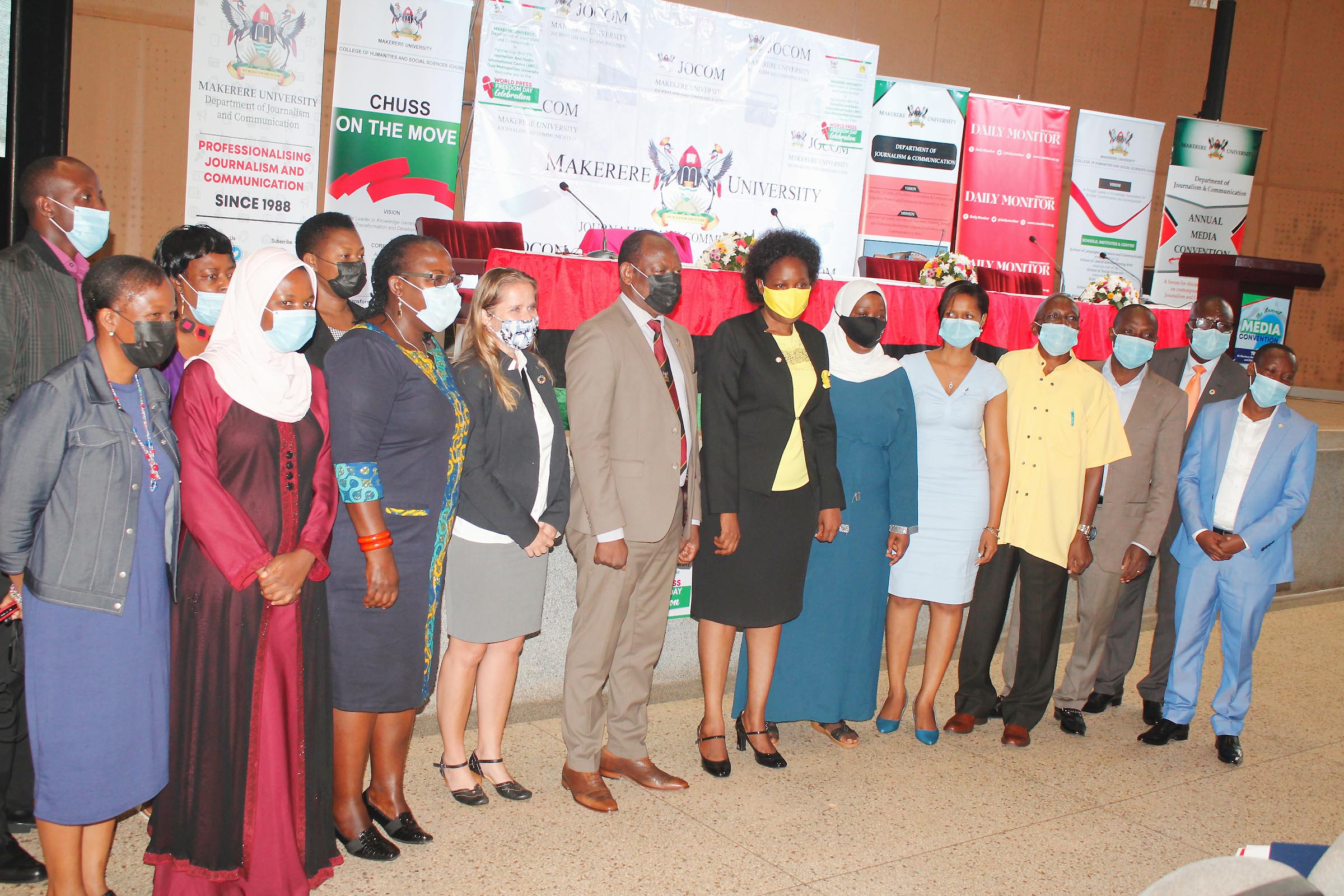 The Minister of ICT and National Guidance-Hon. Judith Nabakooba (7th R) and the Vice Chancellor-Prof. Barnabas Nawangwe (8th R) with the First Secretary Royal Norwegian Embassy in Kampala-Kjersti Lindøe, CHUSS leadership and Convention organisers at the launch of the event on 3rd May 2021, CTF2 Auditorium, Makerere University.