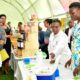 H.E. President Yoweri Kaguta Museveni (Left) and the Vice Chancellor-Prof. Barnabas Nawangwe (2nd Left) listen to Prof. Margret Kahwa (2nd Right) talk about the Anti-Tick vaccine that kills all types of ticks during the Agricultural Day and Exhibition, 25th September 2019, Makerere University, Kampala Uganda.