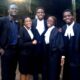 50th President of the Makerere Law Society-Nsaawa Grace Waiswa (L) with the winning team on Friday 21st May 2021, School of Law, Makerere University. Photo credit: Twitter/@MakLawPresident