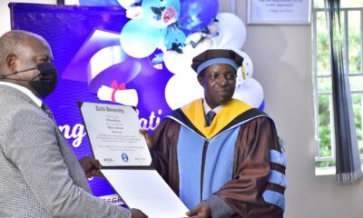 The Vice Chancellor, Prof. Barnabas Nawangwe (L) poses with Prof. William Bazeyo (R) who received Tufts University's honorary Doctor of Science degree on 23rd May 2021.