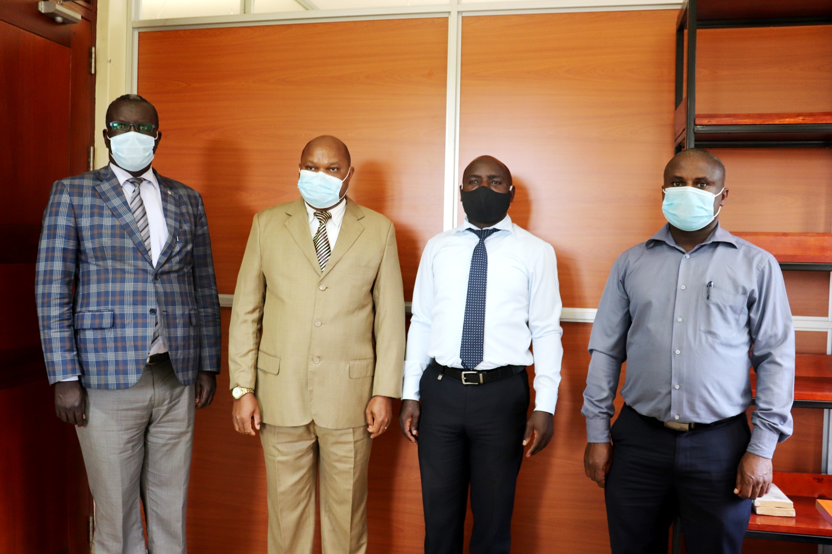 L-R: Director Internal Audit-Mr. Walter Yorac Nono, Incoming Director Human Resources-Dr. Davis Malowa Ndanyi, Outgoing Ag. Director Human Resources-Mr. Ssanyu Lawrence, and Principal Human Resources Officer-Mr. Mujuni Tayari Deus at the handover ceremony on 1st June 2021, CTF1, Makerere University.