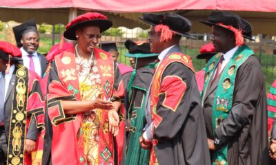 The First Lady and Minister of Education-Hon. Janet Museveni (R) chats with the Vice Chancellor-Prof. Barnabas Nawangwe (2nd R) as the Vice Chairperson Council-Rt. Hon. Daniel Fred Kidega (Right) observes during Day 1 of the 70th Graduation Ceremony, 14th January 2020, Makerere University, Kampala Uganda.