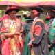 The First Lady and Minister of Education-Hon. Janet Museveni (R) chats with the Vice Chancellor-Prof. Barnabas Nawangwe (2nd R) as the Vice Chairperson Council-Rt. Hon. Daniel Fred Kidega (Right) observes during Day 1 of the 70th Graduation Ceremony, 14th January 2020, Makerere University, Kampala Uganda.