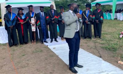 The Vice Chancellor, Prof. Barnabas Nawangwe addresses guests at a graduation party organised for Ezra Byakutangaza and fellow graduands on 29th May 2021 in Kiryandongo District.