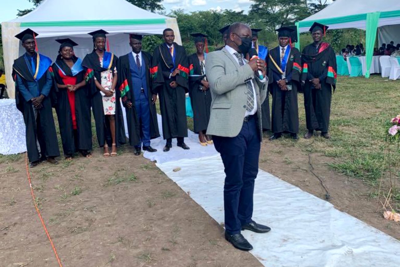 The Vice Chancellor, Prof. Barnabas Nawangwe addresses guests at a graduation party organised for Ezra Byakutangaza and fellow graduands on 29th May 2021 in Kiryandongo District.