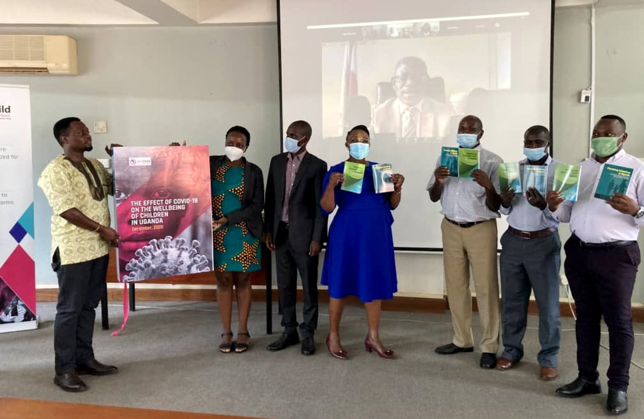 The Vice Chancellor, Prof. Barnabas Nawangwe (on screen) launches three publications by AfriChild and Makerere University researchers on 15th June 2021, Telepresence Centre, Level 2, Senate Building.