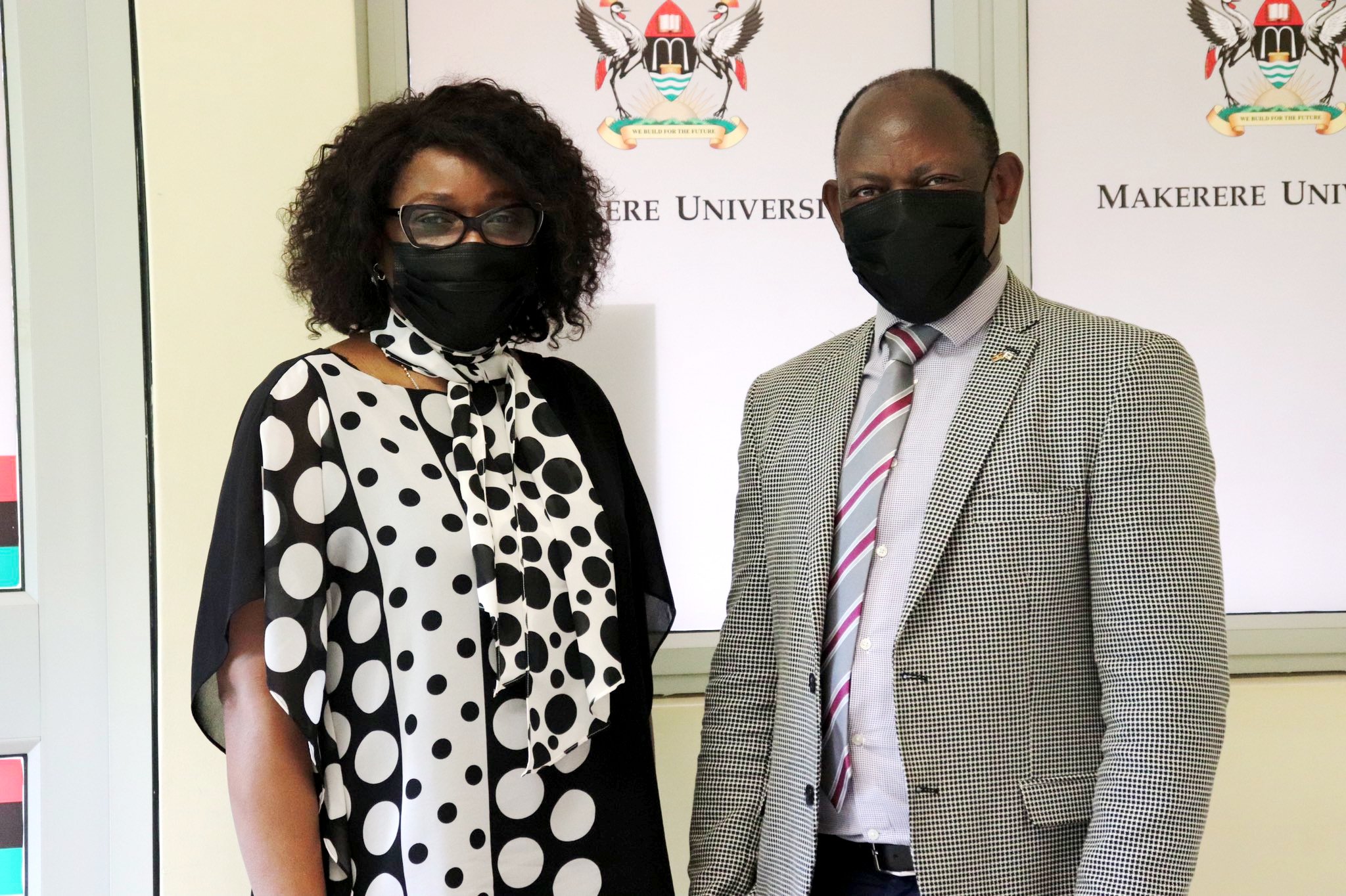 The Vice Chancellor, Prof. Barnabas Nawangwe (R) with the new CEO UBA Uganda Chioma Mang (L) after their meeting on 14th June 2021, CTF1, Makerere University.