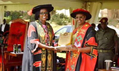 The First Lady, Hon. Janet Kataaha Museveni receives the Convocation Award from Chairperson Council-Mrs. Lorna Magara (Left) in recognition of her contribution to girl child education, women emancipation and overall success of the Higher Education sector in Uganda