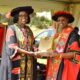 The First Lady, Hon. Janet Kataaha Museveni receives the Convocation Award from Chairperson Council-Mrs. Lorna Magara (Left) in recognition of her contribution to girl child education, women emancipation and overall success of the Higher Education sector in Uganda