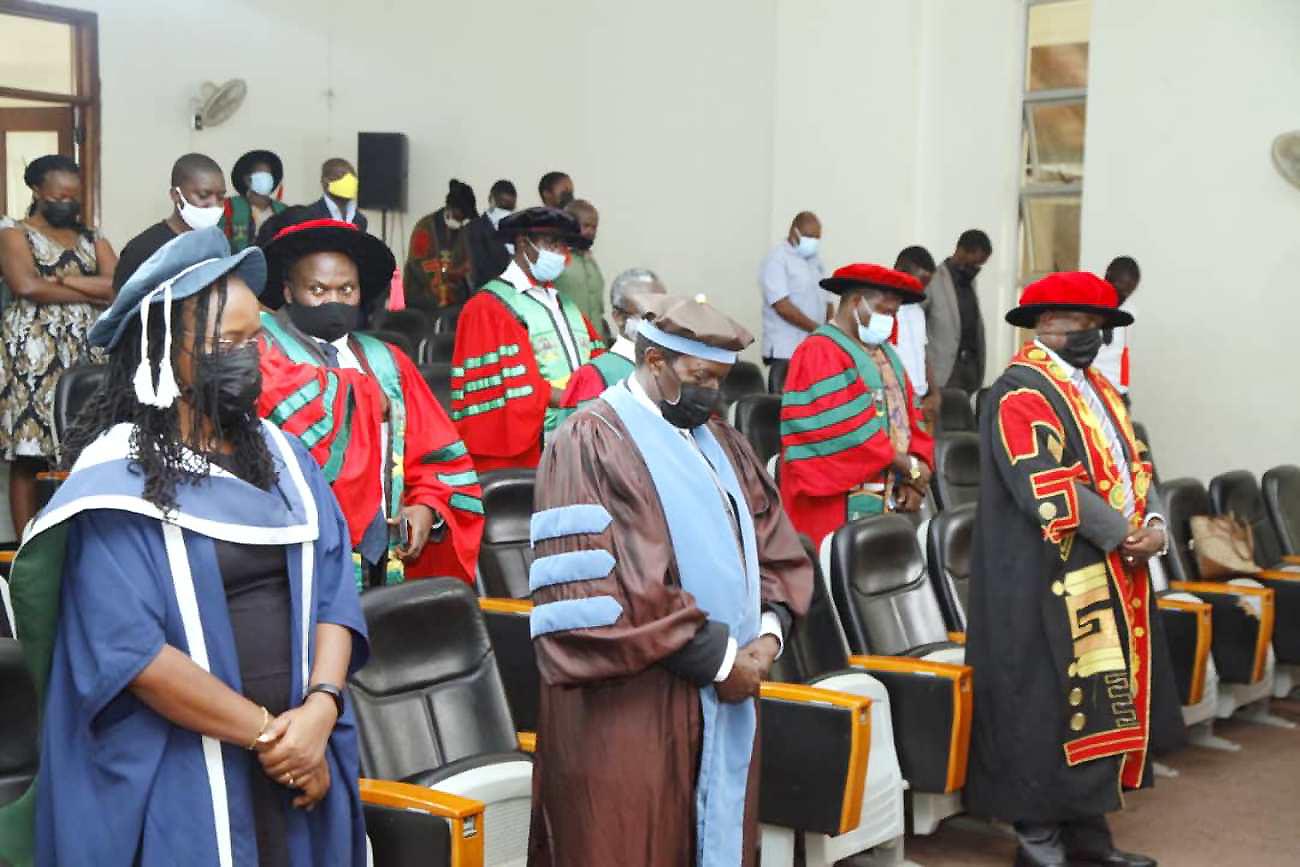 R-L: The Vice Chancellor-Prof. Barnabas Nawangwe, Prof. William Bazeyo, and Dr. Sarah Ssali bow their heads during the Service to celebrate the life of Prof. Noble Banadda, 2nd July 2021, SFTNB Conference Hall, Makerere University.