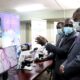 The Vice Chancellor, Prof. Barnabas Nawangwe (R) and other officials at the inauguration of the Vapour Pressure Sigma 300 High Resolution Scanning Electron Microscope, 21st July 2021, CEDAT, Makerere University.