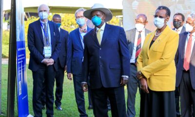 The President of the Republic of Uganda H.E. Yoweri Kaguta Museveni flanked by the First Lady & Minister of Education and Sports Hon. Janet Kataaha Museveni inspect exhibitions at the WHS Regional Meeting Africa on 27th June 2021, Speke Resort Munyonyo, Kampala. Left is President WHS & M8 Alliance-Prof. Axel Pries, 2nd Left is German Ambassador to Uganda-H.E. Matthias Schauer, Right is WHO Country Representative to Uganda-Dr. Yonas Tegegn Woldemariam while 4th Right is the Vice Chancellor-Prof. Barnabas Nawangwe.