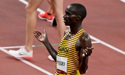 Joshua Cheptegei reacts after winning the Men's 5000m Final at the Tokyo 2020 Olympic Games on 6th August 2021. Photo: AFP