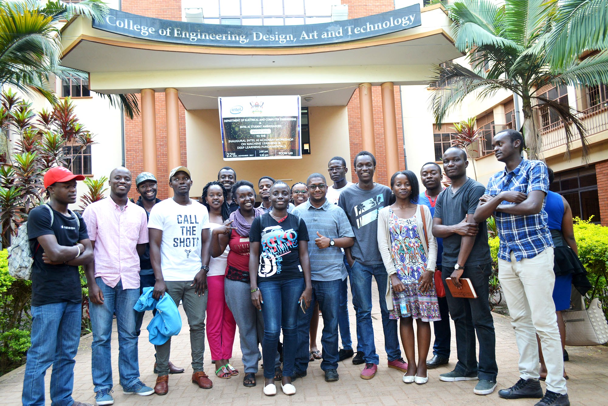 Some of the students that took part in the Inaugural Intel AI Academy Workshop on Machine Learning and Deep Learning Fundamentals pose for a photo on 22nd November 2019, CEDAT, Makerere University.