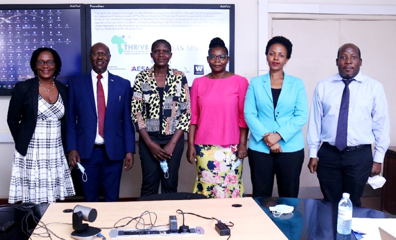 Dr. Dinah Amongin (3rd L) poses for a photo with supervisors and examiners after her PhD defence on 23rd August 2021, CHS Conference Room, Makerere University. Photo credit: THRiVE