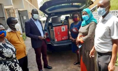 Staff from the Department of European and Oriental Languages led by the Head, Dr Edith Natukunda - Togboa (3rd R) receiving online training equipment from the French Embassy FSPI Project. The handover event was witnessed by the Principal, Dr Josephine Ahikire; Ag. Deputy Principal of CHUSS, Dr Julius Kikooma (3rd L) and the Dean, School of Languages, Literature & Communication, Dr. Saudah Namyalo (2nd R).