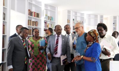 The Vice Chancellor-Prof. Barnabas Nawangwe (C), Director MISR-Prof. Mahmood Mamdani (3rd R) and other members of Management tour the MISR Library on 5th June 2019, Makerere University.