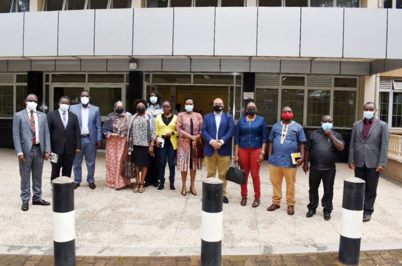 The Vice Chancellor-Prof. Barnabas Nawangwe (L), Executive Secretary IUCEA-Prof. Gaspard Banyakimbona (2nd L) and PAVC-Mr. Gordon Murangira (R) with the Chairperson-Hon. Namara Dennis (3rd L) and some Members of the EALA General Purpose Committee upon arrival at CTF1, Makerere University on 9th September 2021.