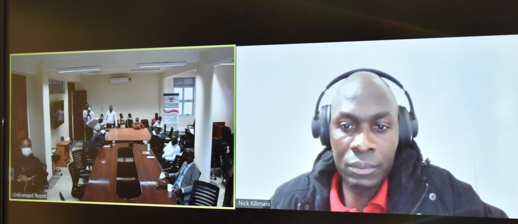 A dual view of Physical participants in the Makerere University EfD Conference Room (L) interacting with Dr. Nicholas Kilimani (R) live from the US.