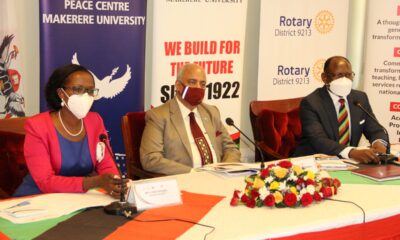 L-R: The Chairperson Council-Mrs. Lorna Magara, Rotary International President-Shekhar Mehta and the Vice Chancellor-Prof. Barnabas Nawangwe during the President's visit to on 15th September 2021, CTF1, Makerere University.