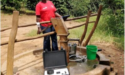 Use of portable fluorimeter to test the quality of water sampled from a shallow well by co-author Jacintha Nayebare in Lukaya Town, Uganda.