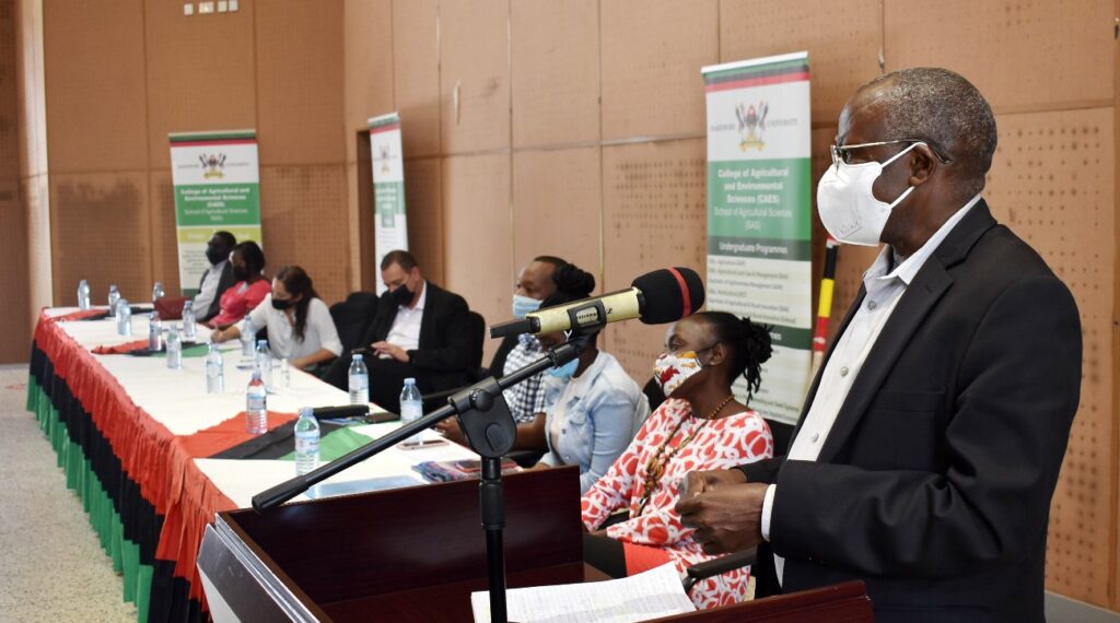 The Principal CAES-Prof. Bernard Bashaasha (R) delivers his remarks during the flag off event.