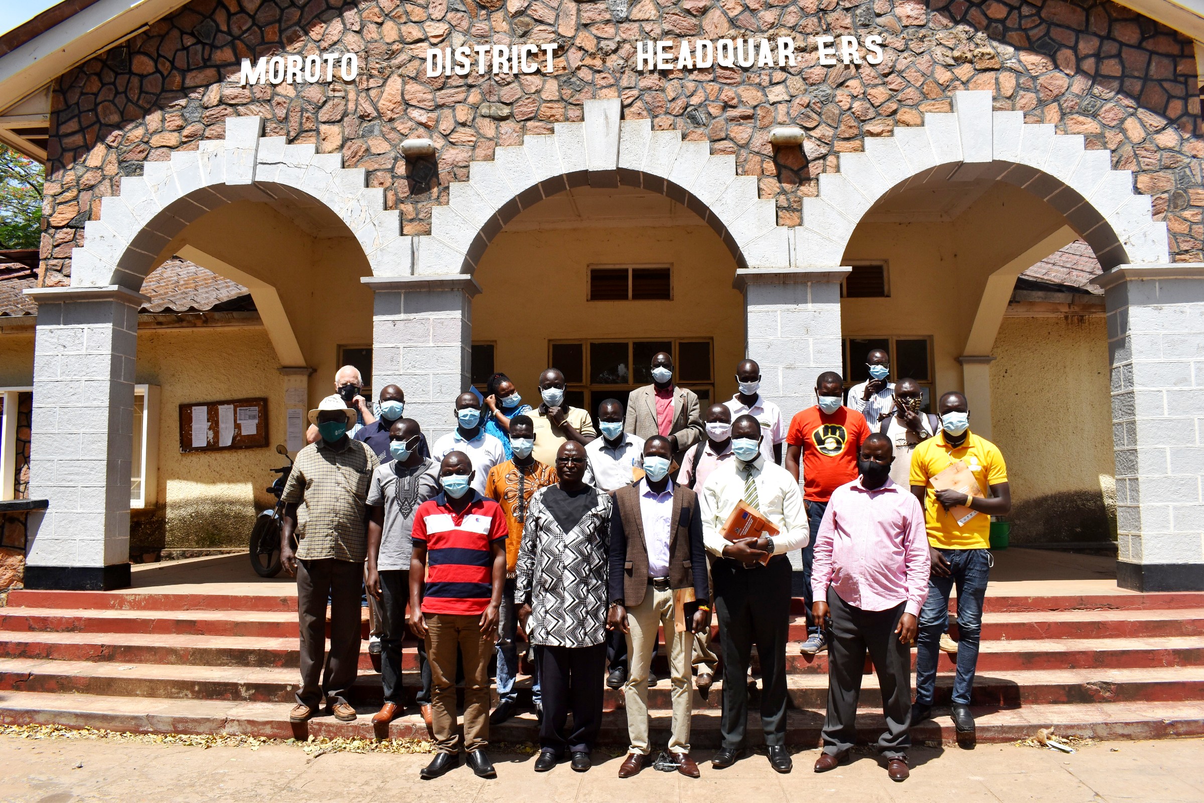 The Principal Investigator Drylands Transform Project, Prof. Denis Mpairwe (Front 2nd L) with Moroto District Leadership and development partners after the Inception Workshiop on 21st October 2021 at Moroto District Headquarters.