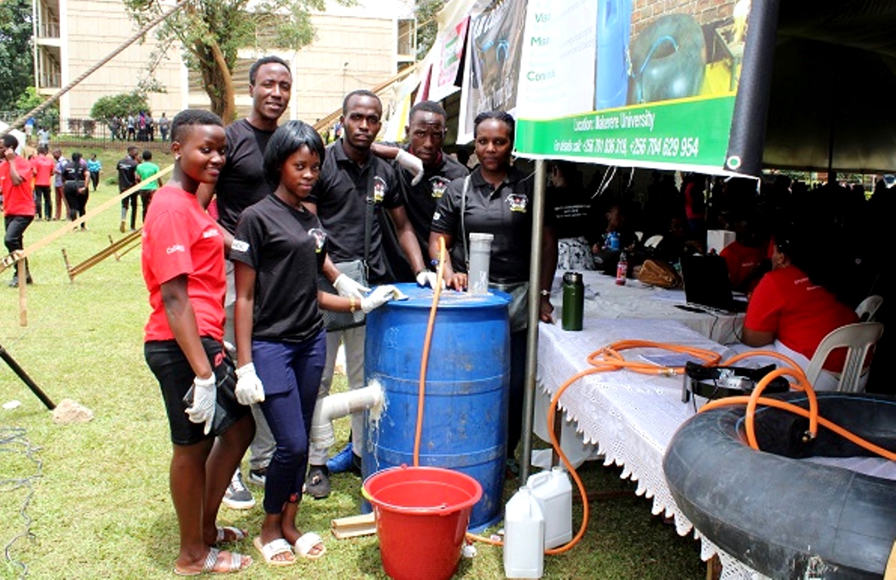 Team Green Biogas Members pose for the camera in the Freedom Square on 11th October 2019 during the 4th Annual Entrepreneurship Students' Expo. Their innovation won the Principal’s Award and a cash prize of UGX 1 Million.