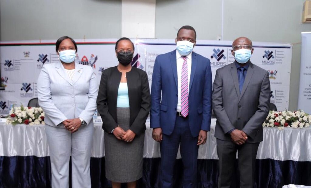 Assoc. Prof. Sarah Ssali (2nd L) with L-R: URBRA's Mrs. Ritah Nansasi Wasswa, University Secretary Mr. Yusuf Kiranda and Chairperson MURBS BoT Dr. Godwin Kakuba at the presentation of MURBS’ performance for FY 2021/21 held on 19th October 2021 in the Telepresence Centre, Senate Building, Makerere University.