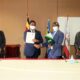 The Vice Chancellor-Prof. Barnabas Nawangwe (2nd R) and Semmelweis University Rector-Prof. Béla Merkely (2nd L) exchange the signed MoU as DVCAA-Dr. Umar Kakumba (R) and Semmelweis University Vice Rector- Prof. Attila Szabó (L) witness on 25th October 2021, CTF1, Makerere University.