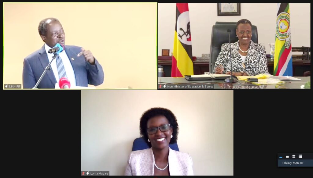 A screenshot of the First Lady and Minister of Education and Sports, Hon. Janet Museveni (Top R), Chairperson of Council, Mrs. Lorna Magara (Bottom) and Prof. William Bazeyo (Top L) as the latter made his remarks during the Mak-RIF CEES Open Day.