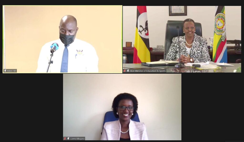 A screenshot of the First Lady and Minister of Education and Sports, Hon. Janet Museveni (Top R), Chairperson of Council, Mrs. Lorna Magara (Bottom) and Prof. Fred Masagazi Masaazi (Top L) as the latter made his remarks during the Mak-RIF CEES Open Day.