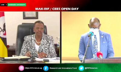 A screenshot of the First Lady and Minister of Education and Sports, Hon. Janet Museveni (L) and Vice Chancellor, Prof. Barnabas Nawangwe (R) addressing the Mak-RIF CEES Open Day on 7th October 2021, CTF1, Makerere University.