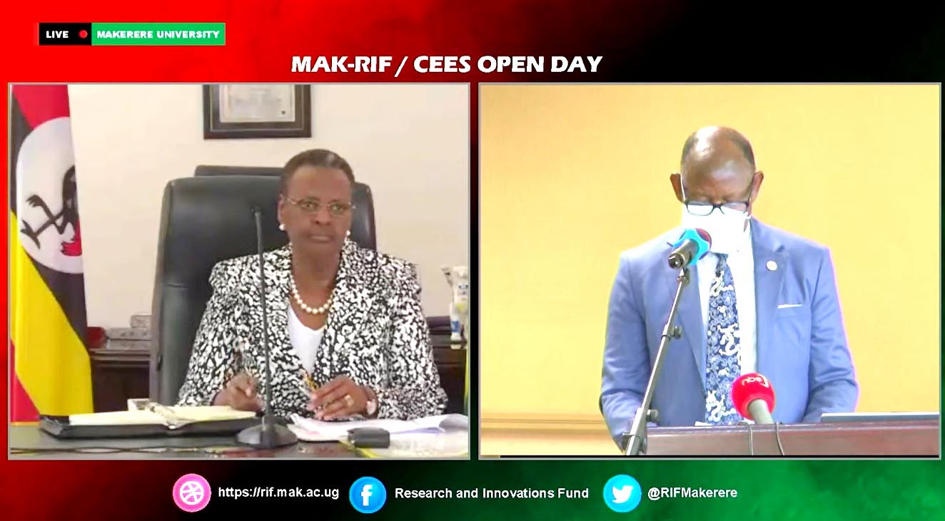 A screenshot of the First Lady and Minister of Education and Sports, Hon. Janet Museveni (L) and Vice Chancellor, Prof. Barnabas Nawangwe (R) addressing the Mak-RIF CEES Open Day on 7th October 2021, CTF1, Makerere University.