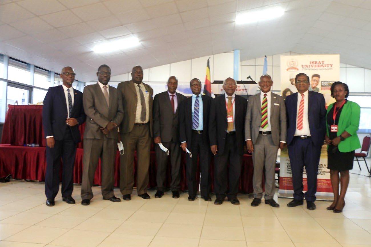 The Vice Chancellor, Prof. Barnabas Nawangwe (3rd R) with Vice Chancellors and leadership of the UVF during the conference on 1st October 2021, ISBAT University, Kampala Uganda.