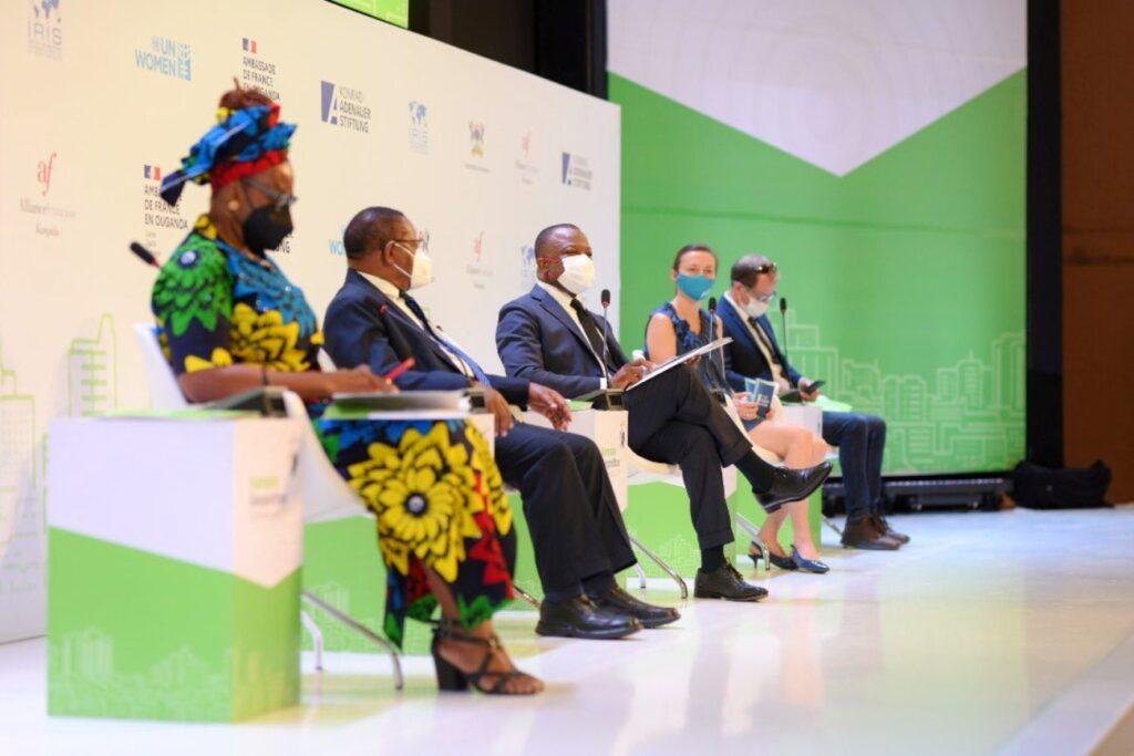 H.E. Jules-Armand Aniambossou (C) delivers his remarks as L-R: Ms. Adekemi Ndieli, Prof. Ezra Suruma, Ms. Anna Reismann and Dr. Patrice Gilles listen during the 4th Kampala Geopolitics Conference.