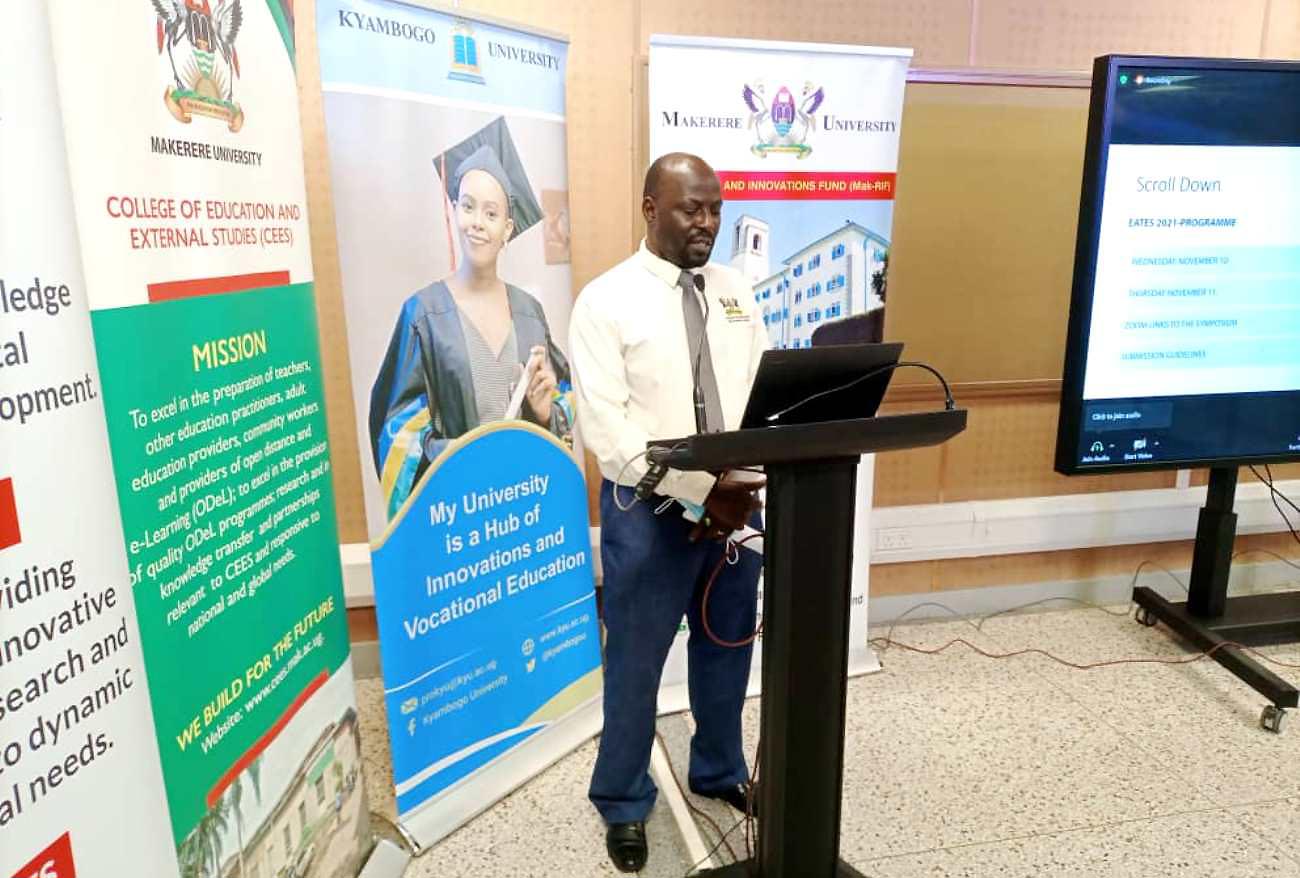 The Principal Investigator and Deputy Principal of CEES, Assoc. Prof. Paul Birevu Muyinda addresses stakeholders at the CABUTE Project Launch on 10th November 2021 in the Multimedia/E-Learning Room, CTF1, Makerere University.