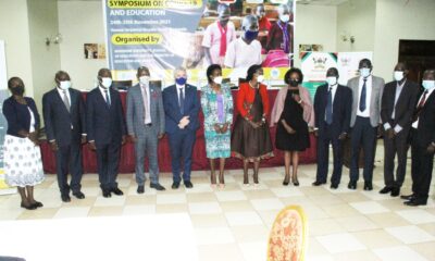 The Chairperson of Council, Mrs Lorna Magara (6th R) who represented the First Lady and Minister of Education and Sports, Hon. Janet Museveni, H.E. Kevin Colgan, Ireland's Ambassador-designate to Uganda and Rwanda (5th L), Vice Chancellor, Prof. Barnabas Nawangwe (4th L), Mr. Timothy Ssejjoba-MoES (3rd R) and other officials at the symposium on 24th November 2021.
