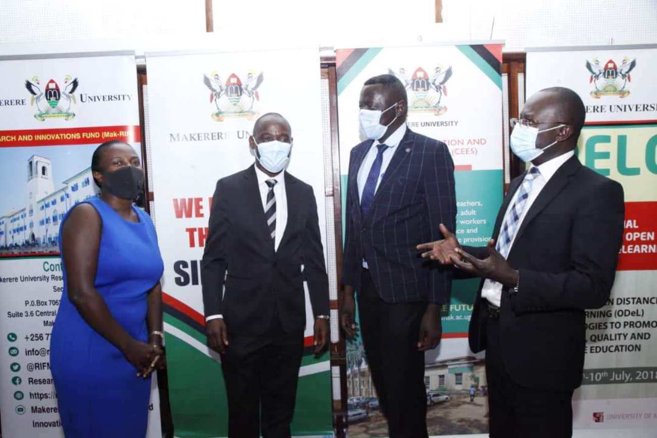 L-R: Dr. Rebecca Nambi, Dr. Mathias Mulumba, Mr. Timothy Ssejoba-Principal Education Officer in charge of University Education (MoES) and Dr. Muhammad Kiggundu Musoke at the Press Conference on 12th November 2021 in the AVU Conference Room, CEES, Makerere University.