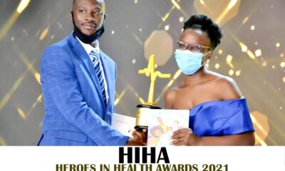 Ms. Anna Maria Gwokyalya (MBChB IV), CHS, Makerere University (R) receives the ‘Student Innovation of the Year’ trophy at the Heroes in Health Awards (HIHA) held 12th November 2021 at Kampala Serena Hotel. Courtesy Photo.