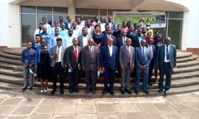The Guest of Honour-Hon. Amos Lugoloobi (4th R), Prof. Ben Kireyera (C), Prof. Eria Hisali (3rd R), Dr. James Wokadala (2nd R) and Dr. Godfrey Akileng (R) with Speakers and Delegates at the Annual Statistics Day Symposium held on 18th November 2021, Food Science & Technology Conference Hall, Makerere University.